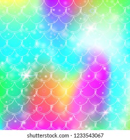 Kawaii mermaid background with princess rainbow scales pattern. Fish tail banner with magic sparkles and stars. Sea fantasy invitation for girlie party. Stylish kawaii mermaid backdrop.