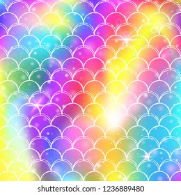 Kawaii mermaid background with princess rainbow scales pattern. Fish tail banner with magic sparkles and stars. Sea fantasy invitation for girlie party. Multicolor kawaii mermaid backdrop.
