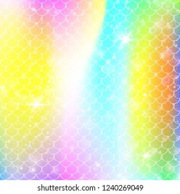 Kawaii mermaid background with princess rainbow scales pattern. Fish tail banner with magic sparkles and stars. Sea fantasy invitation for girlie party. Iridescent kawaii mermaid backdrop.