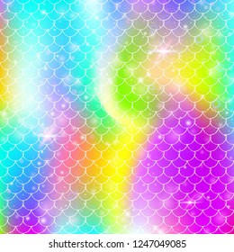 Kawaii mermaid background with princess rainbow scales pattern. Fish tail banner with magic sparkles and stars. Sea fantasy invitation for girlie party. Vibrant kawaii mermaid backdrop.