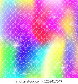 Kawaii mermaid background with princess rainbow scales pattern. Fish tail banner with magic sparkles and stars. Sea fantasy invitation for girlie party. Multicolor kawaii mermaid backdrop.