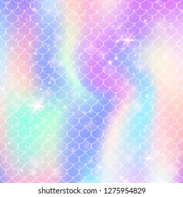 Kawaii mermaid background with princess rainbow scales pattern. Fish tail banner with magic sparkles and stars. Sea fantasy invitation for girlie party. Rainbow kawaii mermaid backdrop.