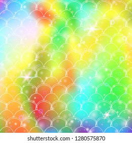 Kawaii mermaid background with princess rainbow scales pattern. Fish tail banner with magic sparkles and stars. Sea fantasy invitation for girlie party. Colorful kawaii mermaid backdrop.