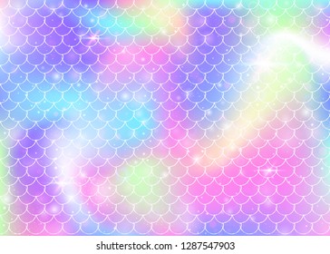 Kawaii mermaid background with princess rainbow scales pattern. Fish tail banner with magic sparkles and stars. Sea fantasy invitation for girlie party. Creative kawaii mermaid backdrop.
