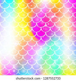 Kawaii mermaid background with princess rainbow scales pattern. Fish tail banner with magic sparkles and stars. Sea fantasy invitation for girlie party. Fairy kawaii mermaid backdrop.