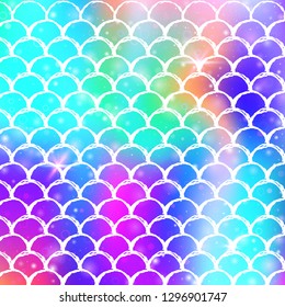 Kawaii mermaid background with princess rainbow scales pattern. Fish tail banner with magic sparkles and stars. Sea fantasy invitation for girlie party. Fluorescent kawaii mermaid backdrop.