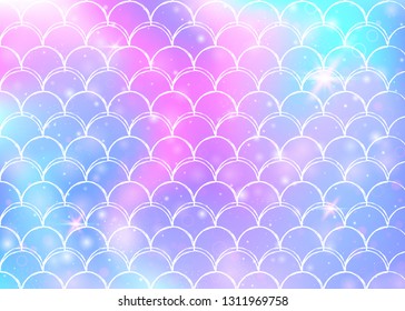 Kawaii mermaid background with princess rainbow scales pattern. Fish tail banner with magic sparkles and stars. Sea fantasy invitation for girlie party. Spectrum kawaii mermaid backdrop.