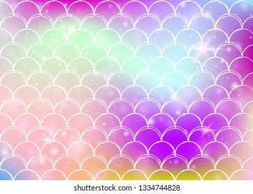 Kawaii mermaid background with princess rainbow scales pattern. Fish tail banner with magic sparkles and stars. Sea fantasy invitation for girlie party. Rainbow kawaii mermaid backdrop.