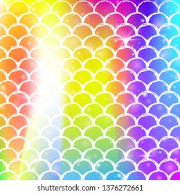 Kawaii mermaid background with princess rainbow scales pattern. Fish tail banner with magic sparkles and stars. Sea fantasy invitation for girlie party. Bright kawaii mermaid backdrop.