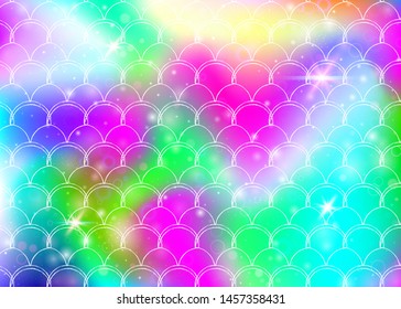 Kawaii mermaid background with princess rainbow scales pattern. Fish tail banner with magic sparkles and stars. Sea fantasy invitation for girlie party. Pearlescent kawaii mermaid backdrop.
