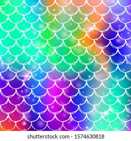 Kawaii mermaid background with princess rainbow scales pattern. Fish tail banner with magic sparkles and stars. Sea fantasy invitation for girlie party. Fluorescent kawaii mermaid backdrop.