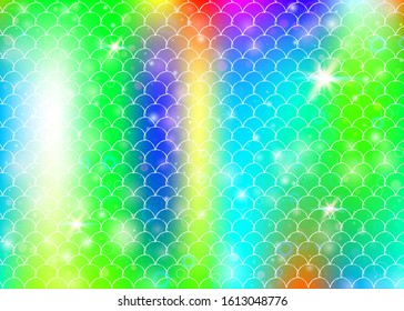 Kawaii mermaid background with princess rainbow scales pattern. Fish tail banner with magic sparkles and stars. Sea fantasy invitation for girlie party. Multicolor kawaii mermaid backdrop.