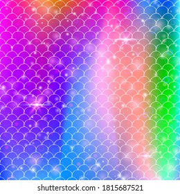 Kawaii mermaid background with princess rainbow scales pattern. Fish tail banner with magic sparkles and stars. Sea fantasy invitation for girlie party. Rainbow kawaii mermaid backdrop.