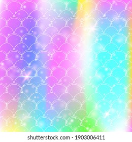 Kawaii mermaid background with princess rainbow scales pattern. Fish tail banner with magic sparkles and stars. Sea fantasy invitation for girlie party. Bright kawaii mermaid backdrop.