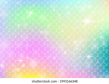 Kawaii mermaid background with princess rainbow scales pattern. Fish tail banner with magic sparkles and stars. Sea fantasy invitation for girlie party. Fluorescent kawaii mermaid backdrop.