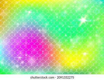 Kawaii mermaid background with princess rainbow scales pattern. Fish tail banner with magic sparkles and stars. Sea fantasy invitation for girlie party. Rainbow kawaii mermaid backdrop.