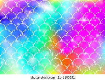 Kawaii mermaid background with princess rainbow scales pattern. Fish tail banner with magic sparkles and stars. Sea fantasy invitation for girlie party. Hipster kawaii mermaid backdrop.