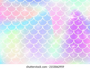 Kawaii mermaid background with princess rainbow scales pattern. Fish tail banner with magic sparkles and stars. Sea fantasy invitation for girlie party. Multicolor kawaii mermaid backdrop.