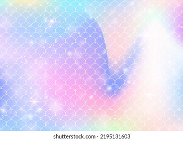 Kawaii mermaid background with princess rainbow scales pattern. Fish tail banner with magic sparkles and stars. Sea fantasy invitation for girlie party. Bright kawaii mermaid backdrop.