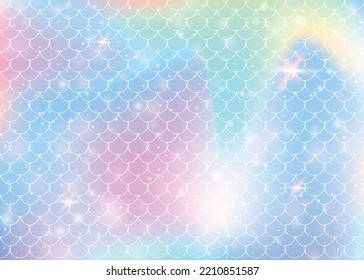 Kawaii mermaid background with princess rainbow scales pattern. Fish tail banner with magic sparkles and stars. Sea fantasy invitation for girlie party. Trendy kawaii mermaid backdrop.