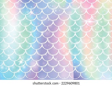 Kawaii mermaid background with princess rainbow scales pattern. Fish tail banner with magic sparkles and stars. Sea fantasy invitation for girlie party. Multicolor kawaii mermaid backdrop.