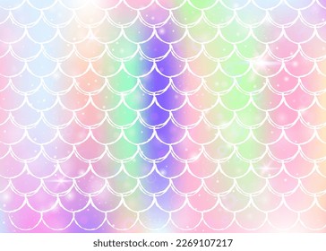 Kawaii mermaid background with princess rainbow scales pattern. Fish tail banner with magic sparkles and stars. Sea fantasy invitation for girlie party. Futuristic kawaii mermaid backdrop.