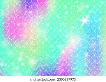Kawaii mermaid background with princess rainbow scales pattern. Fish tail banner with magic sparkles and stars. Sea fantasy invitation for girlie party. Iridescent kawaii mermaid backdrop.