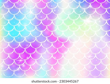 Kawaii mermaid background with princess rainbow scales pattern. Fish tail banner with magic sparkles and stars. Sea fantasy invitation for girlie party. Hipster kawaii mermaid backdrop.