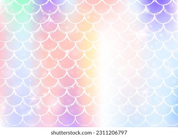 Kawaii mermaid background with princess rainbow scales pattern. Fish tail banner with magic sparkles and stars. Sea fantasy invitation for girlie party. Retro kawaii mermaid backdrop.