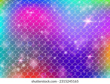 Kawaii mermaid background with princess rainbow scales pattern. Fish tail banner with magic sparkles and stars. Sea fantasy invitation for girlie party. Vibrant kawaii mermaid backdrop.