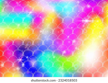 Kawaii mermaid background with princess rainbow scales pattern. Fish tail banner with magic sparkles and stars. Sea fantasy invitation for girlie party. Stylish kawaii mermaid backdrop.