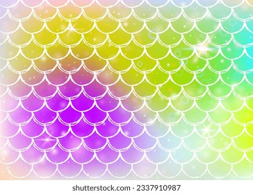 Kawaii mermaid background with princess rainbow scales pattern. Fish tail banner with magic sparkles and stars. Sea fantasy invitation for girlie party. Creative kawaii mermaid backdrop.