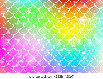 Kawaii mermaid background with princess rainbow scales pattern. Fish tail banner with magic sparkles and stars. Sea fantasy invitation for girlie party. Fluorescent kawaii mermaid backdrop.
