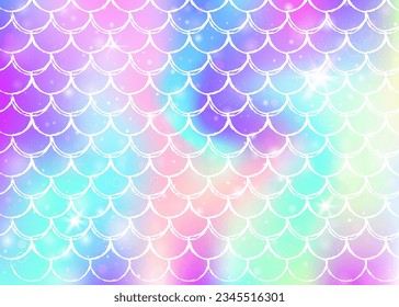 Kawaii mermaid background with princess rainbow scales pattern. Fish tail banner with magic sparkles and stars. Sea fantasy invitation for girlie party. Neon kawaii mermaid backdrop.