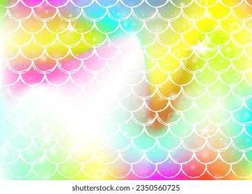 Kawaii mermaid background with princess rainbow scales pattern. Fish tail banner with magic sparkles and stars. Sea fantasy invitation for girlie party. Rainbow kawaii mermaid backdrop.