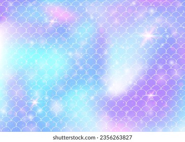 Kawaii mermaid background with princess rainbow scales pattern. Fish tail banner with magic sparkles and stars. Sea fantasy invitation for girlie party. Trendy kawaii mermaid backdrop.