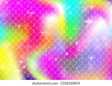 Kawaii mermaid background with princess rainbow scales pattern. Fish tail banner with magic sparkles and stars. Sea fantasy invitation for girlie party. Colorful kawaii mermaid backdrop.