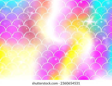 Kawaii mermaid background with princess rainbow scales pattern. Fish tail banner with magic sparkles and stars. Sea fantasy invitation for girlie party. Spectrum kawaii mermaid backdrop.