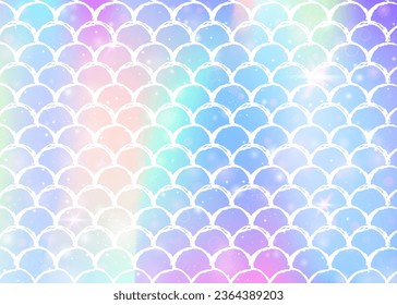 Kawaii mermaid background with princess rainbow scales pattern. Fish tail banner with magic sparkles and stars. Sea fantasy invitation for girlie party. Multicolor kawaii mermaid backdrop.