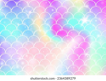 Kawaii mermaid background with princess rainbow scales pattern. Fish tail banner with magic sparkles and stars. Sea fantasy invitation for girlie party. Retro kawaii mermaid backdrop.