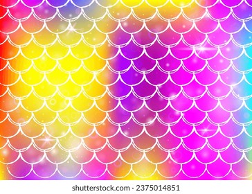 Kawaii mermaid background with princess rainbow scales pattern. Fish tail banner with magic sparkles and stars. Sea fantasy invitation for girlie party. Pearlescent kawaii mermaid backdrop.