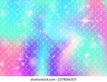 Kawaii mermaid background with princess rainbow scales pattern. Fish tail banner with magic sparkles and stars. Sea fantasy invitation for girlie party. Retro kawaii mermaid backdrop.