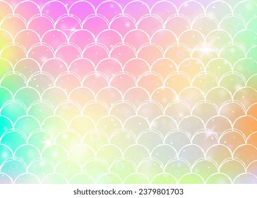 Kawaii mermaid background with princess rainbow scales pattern. Fish tail banner with magic sparkles and stars. Sea fantasy invitation for girlie party. Plastic kawaii mermaid backdrop.