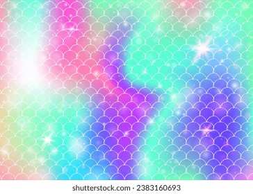 Kawaii mermaid background with princess rainbow scales pattern. Fish tail banner with magic sparkles and stars. Sea fantasy invitation for girlie party. Rainbow kawaii mermaid backdrop.