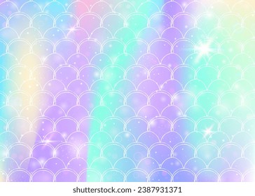 Kawaii mermaid background with princess rainbow scales pattern. Fish tail banner with magic sparkles and stars. Sea fantasy invitation for girlie party. Hipster kawaii mermaid backdrop.