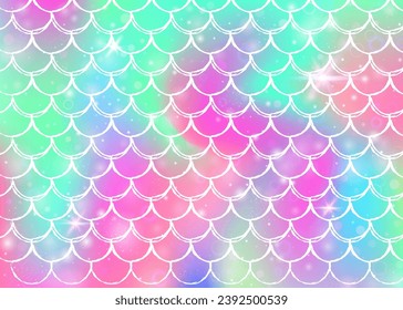 Kawaii mermaid background with princess rainbow scales pattern. Fish tail banner with magic sparkles and stars. Sea fantasy invitation for girlie party. Vibrant kawaii mermaid backdrop.