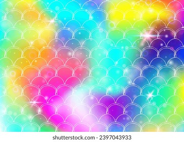 Kawaii mermaid background with princess rainbow scales pattern. Fish tail banner with magic sparkles and stars. Sea fantasy invitation for girlie party. Creative kawaii mermaid backdrop.