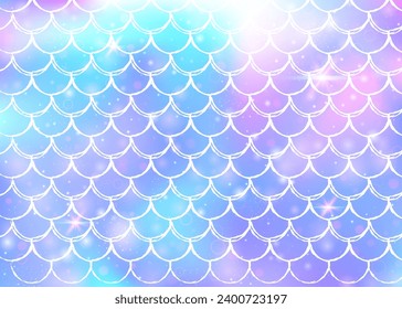 Kawaii mermaid background with princess rainbow scales pattern. Fish tail banner with magic sparkles and stars. Sea fantasy invitation for girlie party. Iridescent kawaii mermaid backdrop.