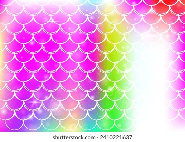 Kawaii mermaid background with princess rainbow scales pattern. Fish tail banner with magic sparkles and stars. Sea fantasy invitation for girlie party. Creative kawaii mermaid backdrop.