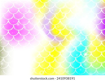 Kawaii mermaid background with princess rainbow scales pattern. Fish tail banner with magic sparkles and stars. Sea fantasy invitation for girlie party. Pearlescent kawaii mermaid backdrop.